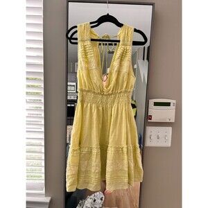 By Together NWT Lime Mini Dress M Boho Eyelet Cotton Gauze Tie Back Cottagecore